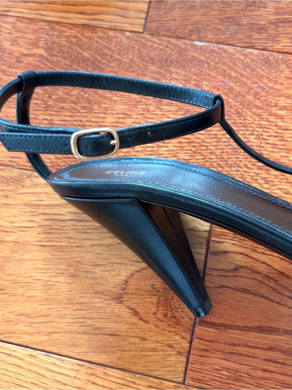 Celine Black Leather Cage Sandals with Gold Logo Accent - Picture 7 of 9